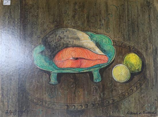 William de Belleroche, ink, crayon and watercolour on paper laid on board, still life of a slab of salmon and 54 x 72cm, unframed